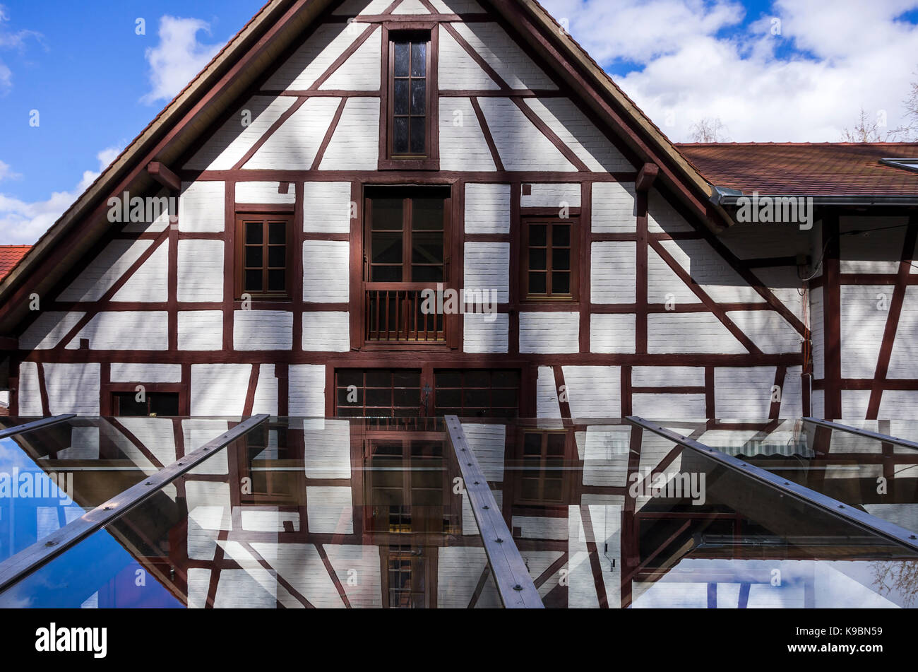 Historic house in half-timbered construction, Alte Hammerschmiede in Zwiefalten, Baden-Wurttemberg, Germany. Stock Photo
