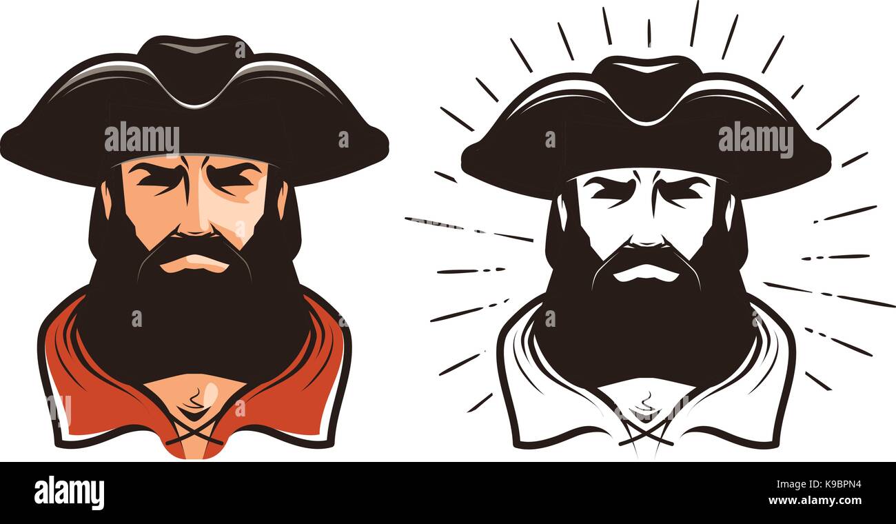 Portrait of bearded man in cocked hat. Cartoon vector illustration Stock Vector