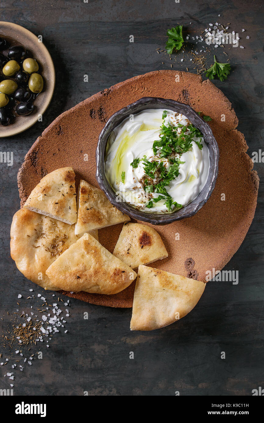 labneh middle eastern lebanese cream cheese dip with olive oil, salt