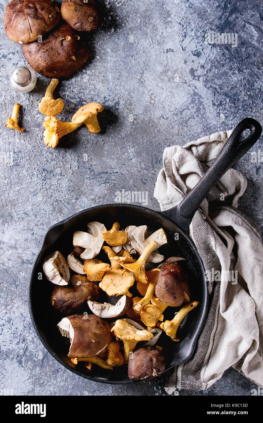 Heap of fresh forest porcini boletus and chanterelles mushrooms in iron cast pan with olive oil and salt, served won textile napkin with knife over gr Stock Photo