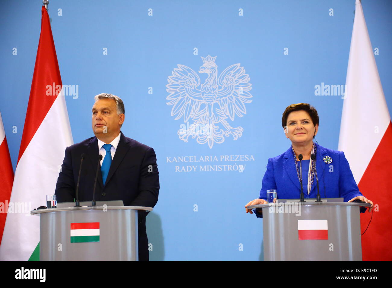 Warsaw, Poland. 22nd Sep, 2017. Primer Beata Szydlo held joint press statement with Hungarian Prime Minister Viktor Orban on EU migration politics in Warsaw's chancellery. Credit: Jakob Ratz/Pacific Press/Alamy Live News Stock Photo