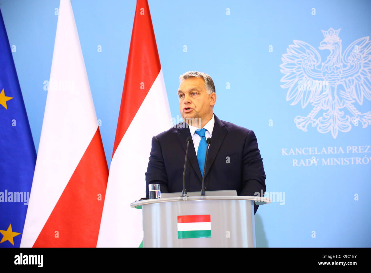 Warsaw, Poland. 22nd Sep, 2017. Primer Beata Szydlo held joint press statement with Hungarian Prime Minister Viktor Orban on EU migration politics in Warsaw's chancellery. Credit: Jakob Ratz/Pacific Press/Alamy Live News Stock Photo