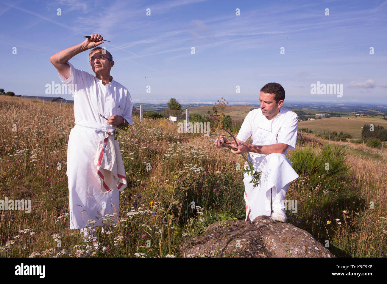 Europe-France-Midi-Pyrénées Aveyron-Laguiole. Restaurant Bras.  Michel et Sébastien Bras allant ramasser des herbes aromatiques. Stock Photo