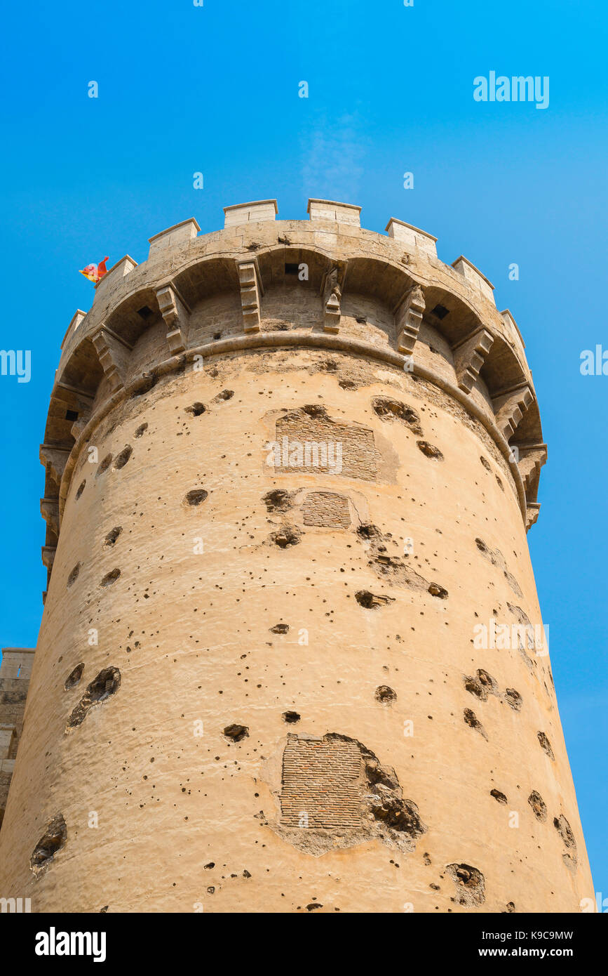 Torres de Quart Valencia, south tower of the Torres de Quart gate showing  heavy cannon ball damage from the Napoleonic war, Valencia, Spain. Stock Photo