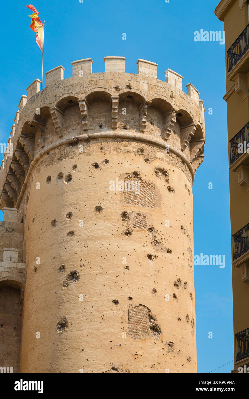 Valencia Spain Torres de Quart, south tower of the Torres de Quart gate showing extensive cannon ball damage from the Napoleonic war, Valencia, Spain. Stock Photo