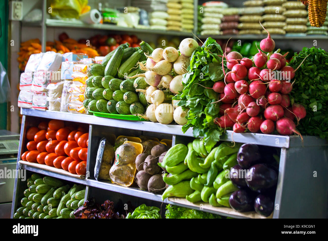 Vegetable store at a Peruvian market Stock Photo