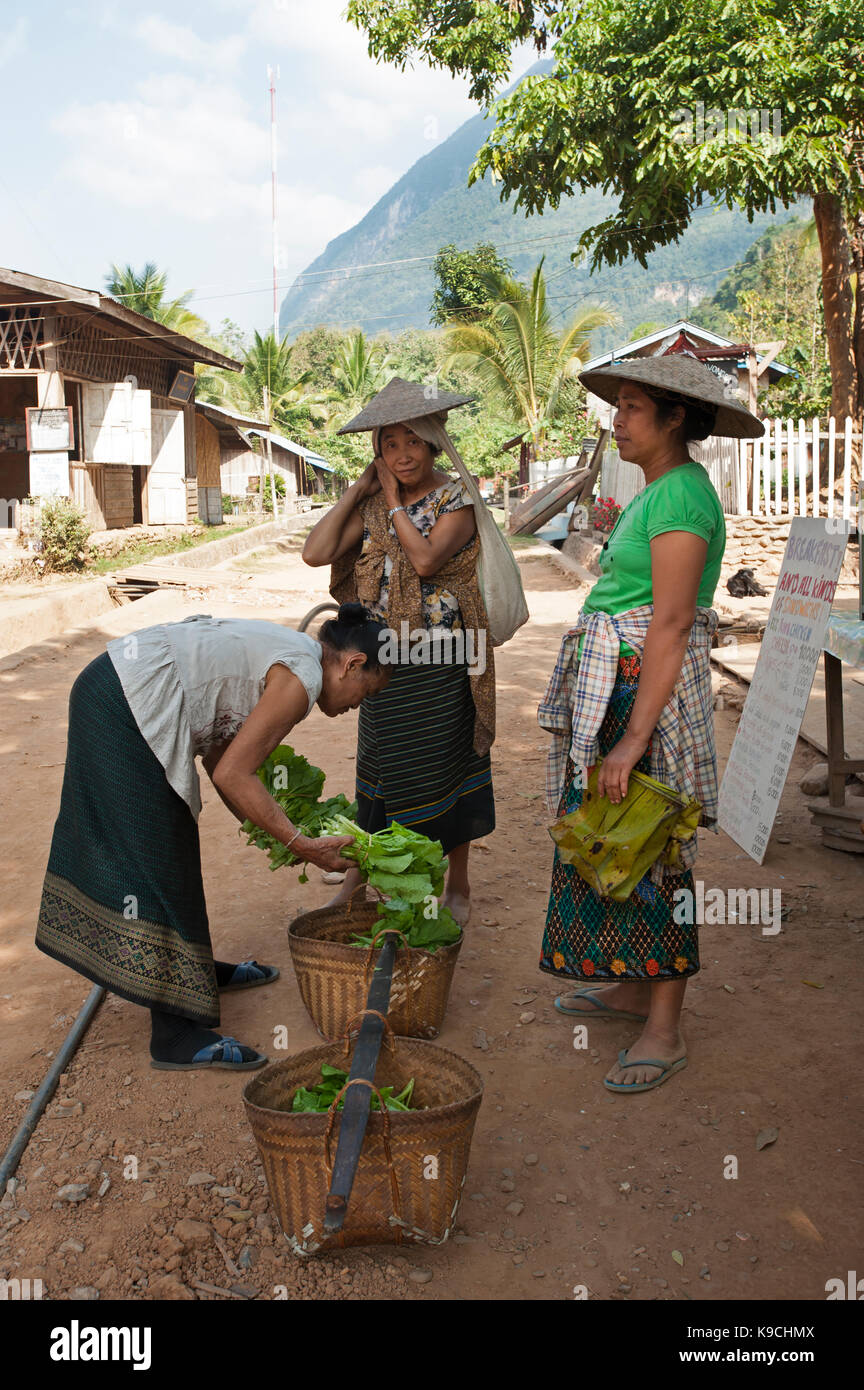 Three woman wearing sarongs and two with conical hats with a shoulder pole basket full of green vegetables Stock Photo