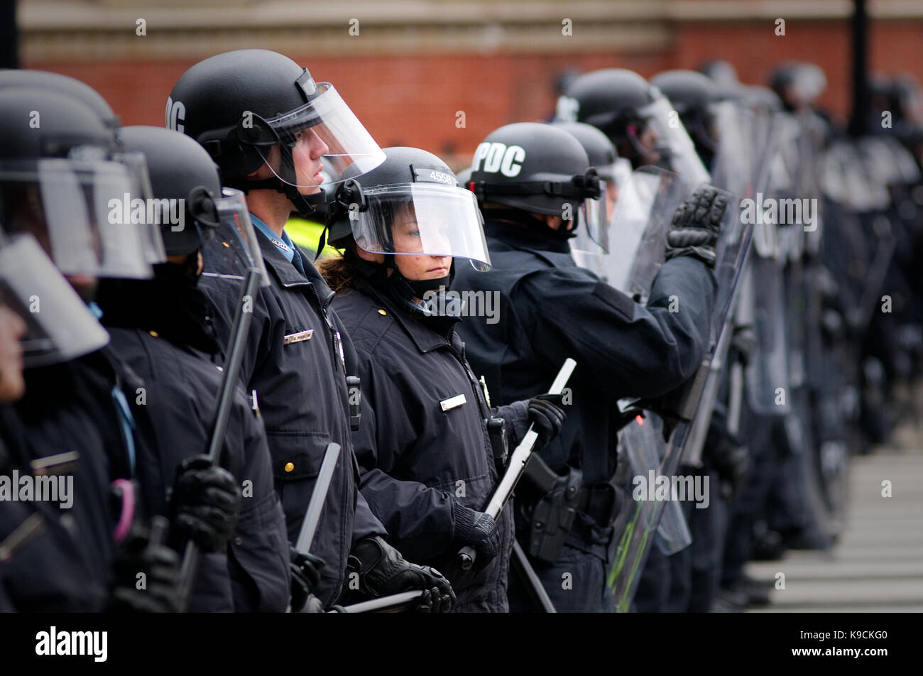 Washington DC, USA - January 20, 2017: Riot police stand ready to clash ...