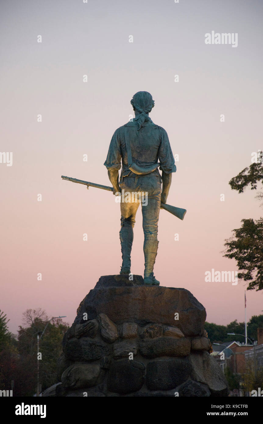 Dusk shot of the Minute Man statue in Lexington Common. Stock Photo