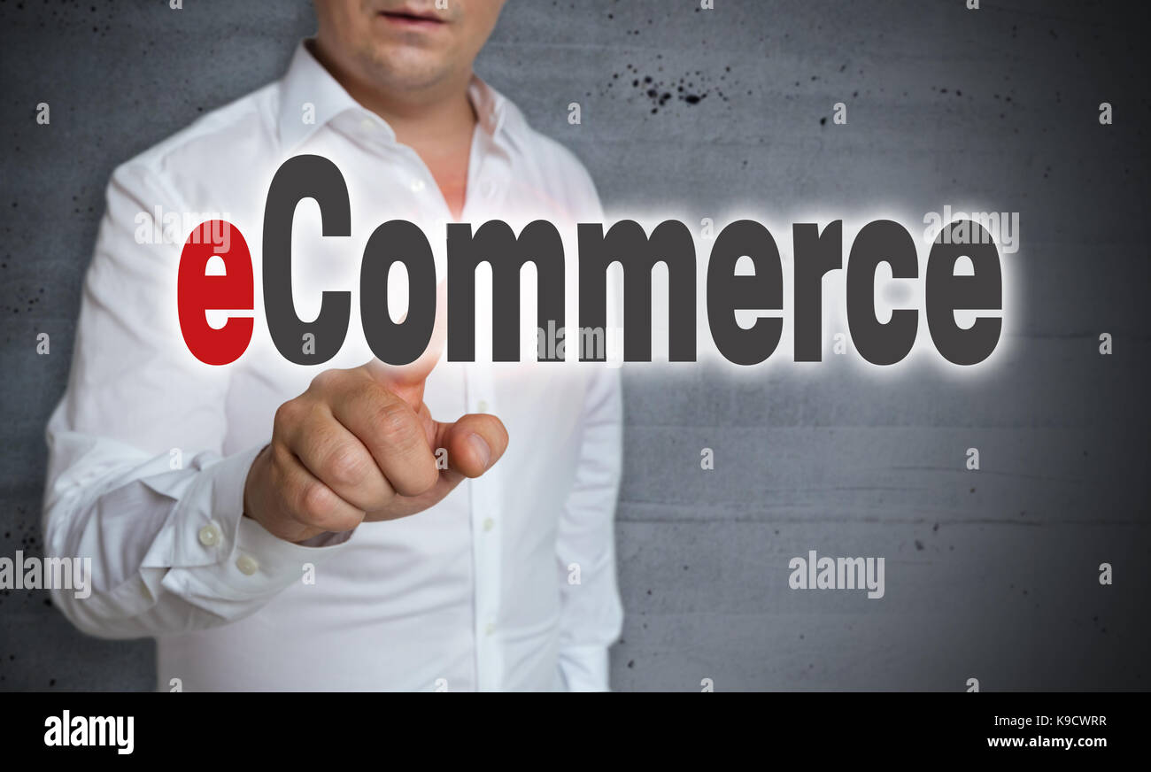 eCommerce touchscreen is operated by man. Stock Photo