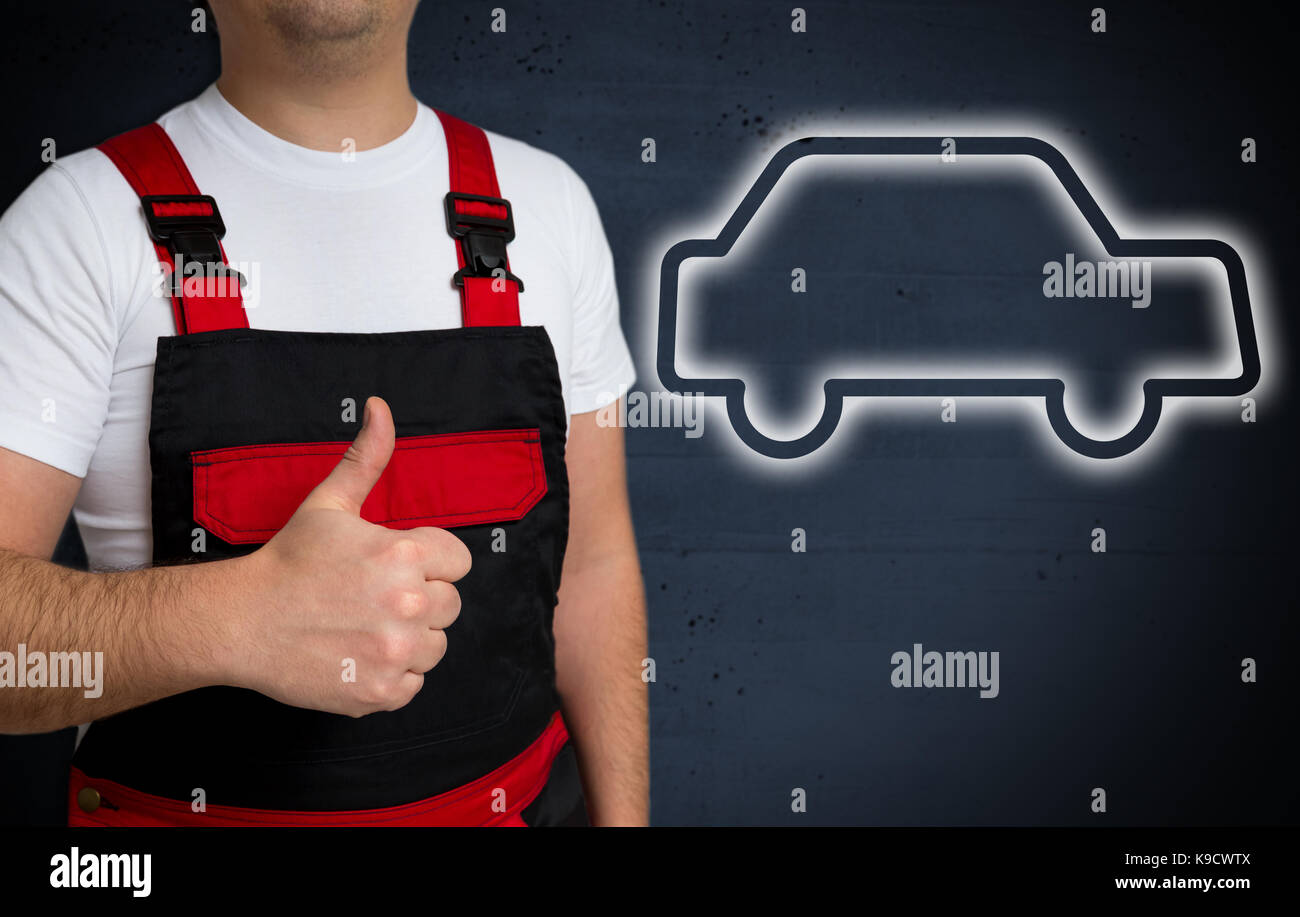 Car icon is shown by craftsman with thumbs up. Stock Photo