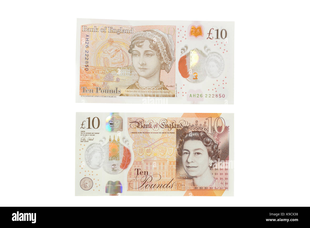 The newly introduced currency of the United Kingdom - The polymer ten pound (£10) note with features more measures against counterfitters. Stock Photo