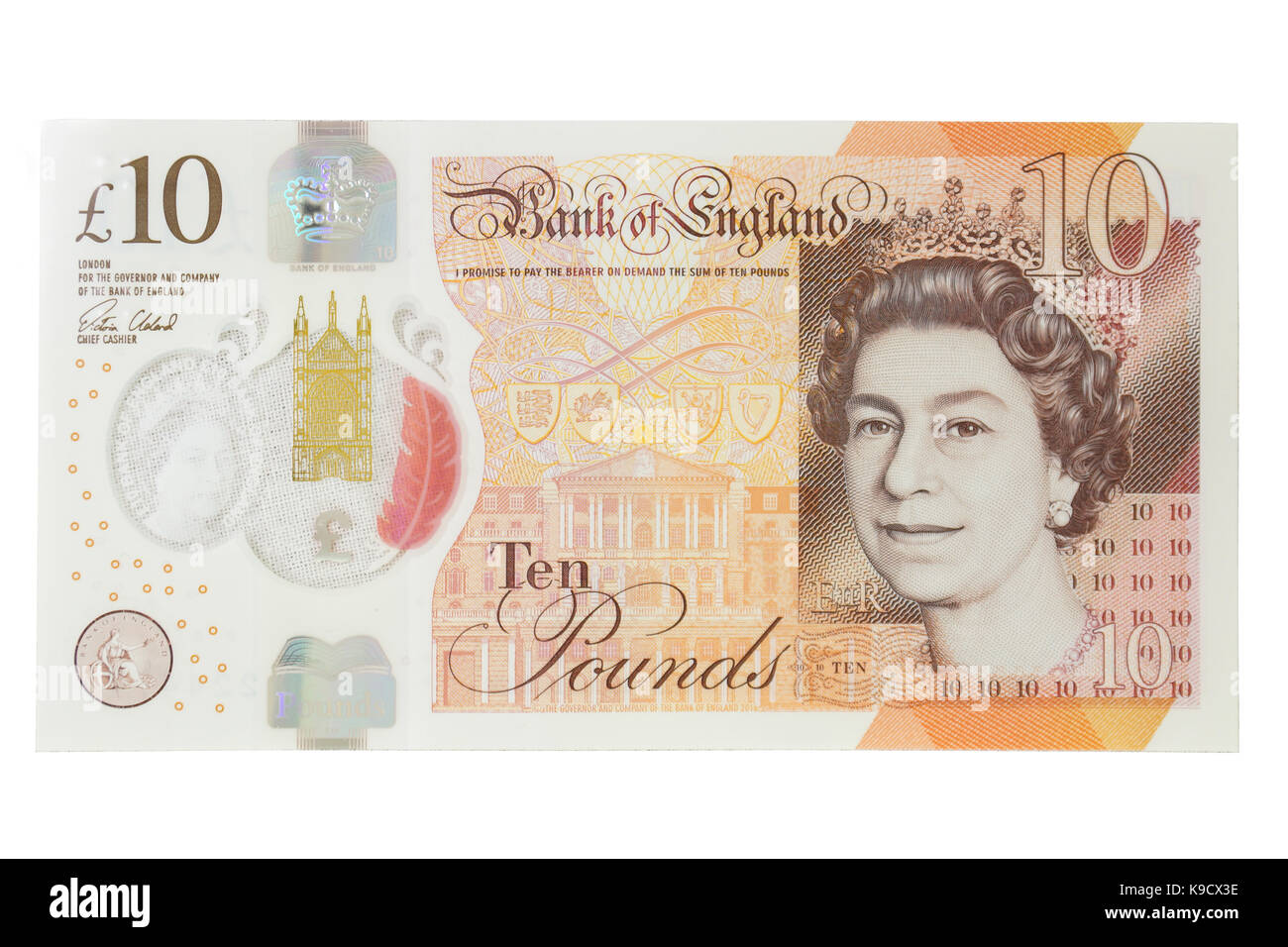 The newly introduced currency of the United Kingdom - The polymer ten pound (£10) note with features more measures against counterfitters. Stock Photo