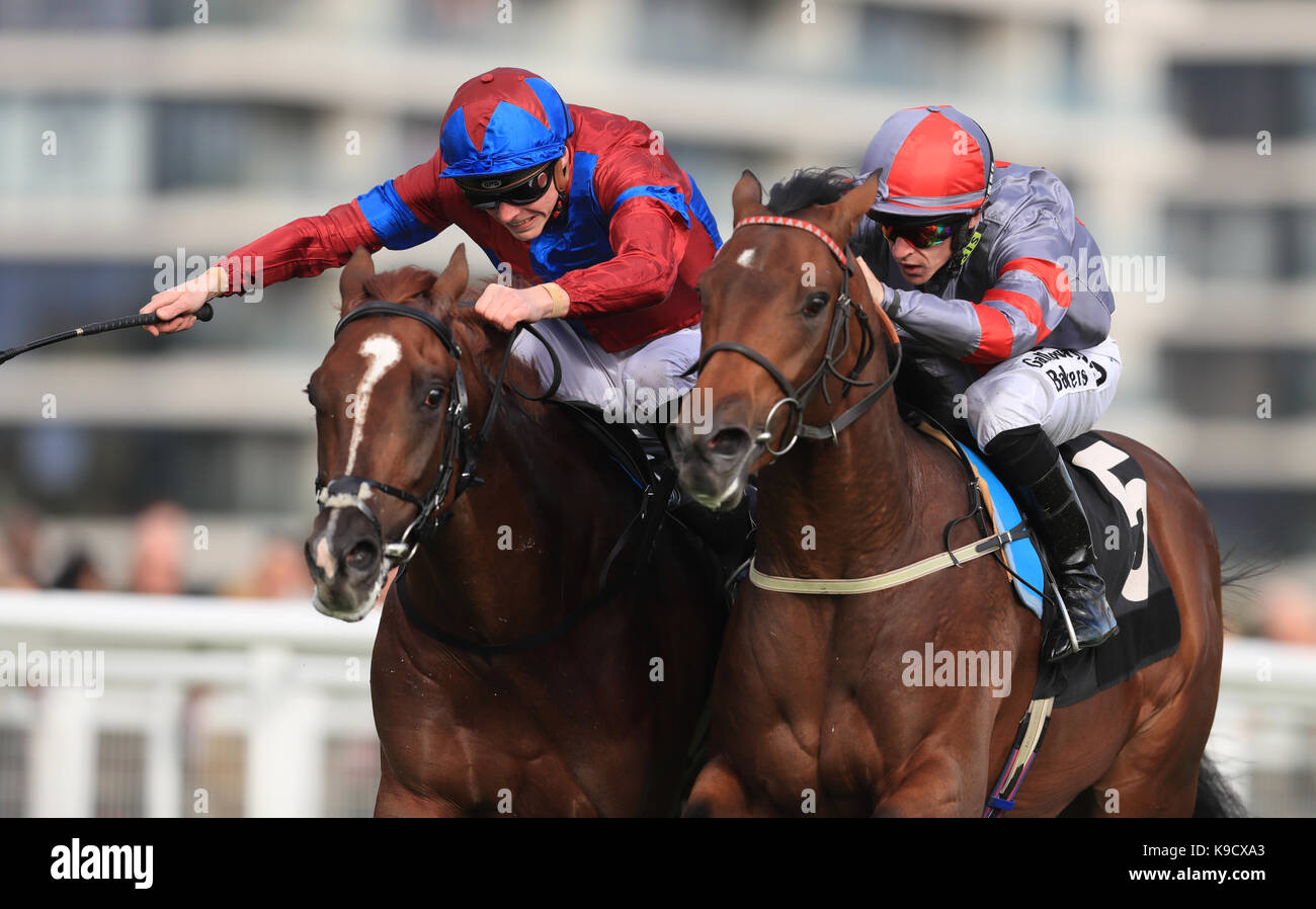 White Mocha ridden by James Doyle (left) wins the Haynes Hanson and Clark Conditions Stakes from Knight to Behold (right) ridden by Richard Kingscote during day one of the Dubai Duty Free International Weekend at Newbury Racecourse. PRESS ASSOCIATION Photo. Picture date: Friday September 22, 2017. See PA story Racing Newbury. Photo credit should read: Adam Davy/PA Wire Stock Photo