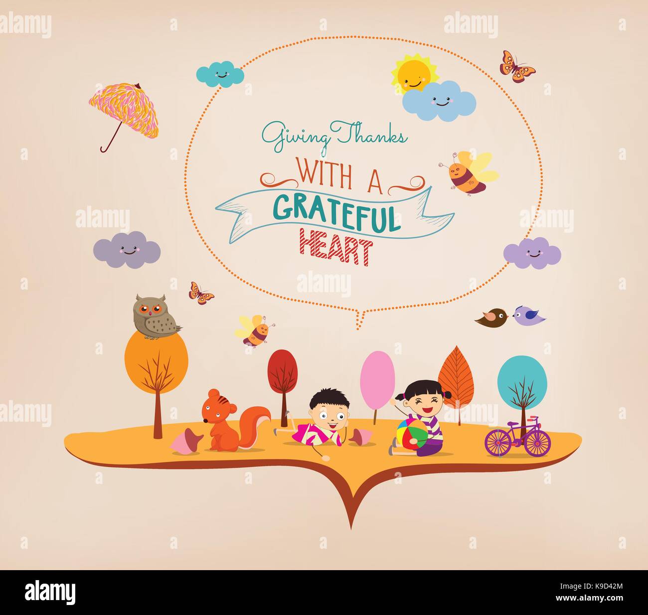 Thanksgiving Day. Kids funny with animals Stock Vector