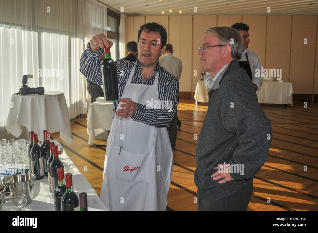 Penfold's recorking clinic with head winemaker Peter Gago at Stockholm, Sweden Stock Photo