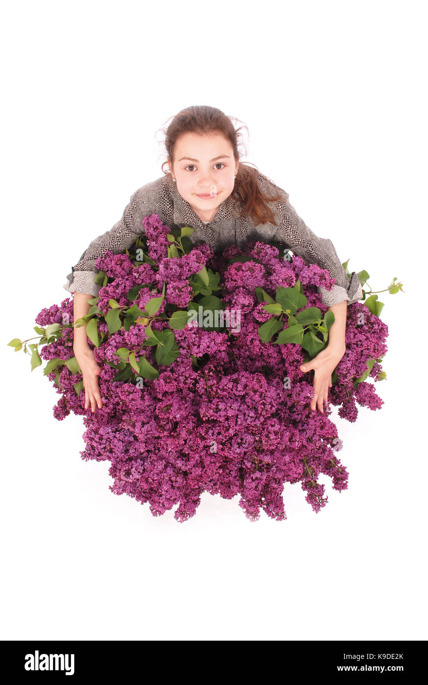 Attractive girl standing by the lilac. Isolated on a white background Stock Photo