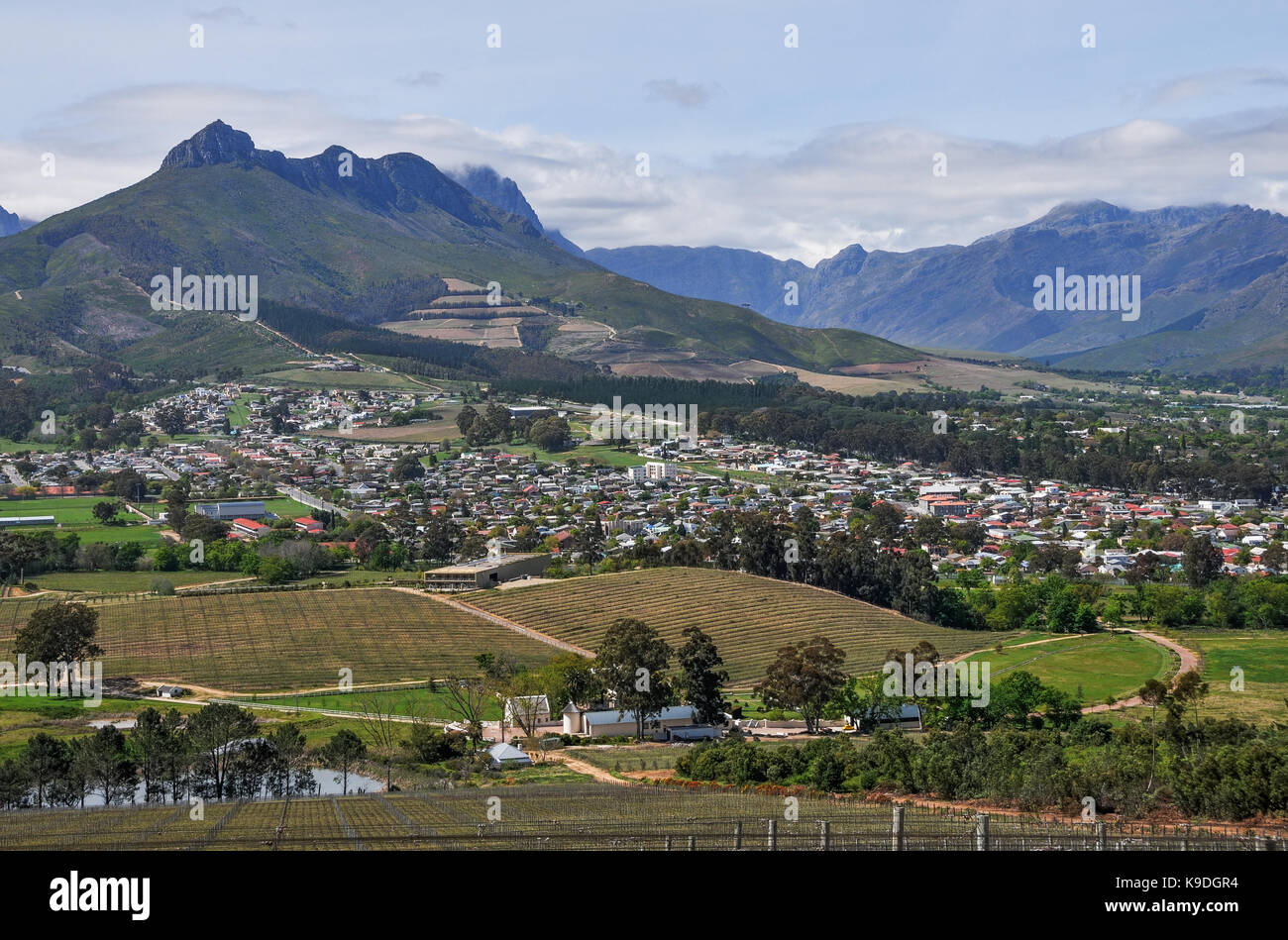 Stellenbosch and Stellenbosch Mountain seen from Glenelly Winery, South Africa Stock Photo