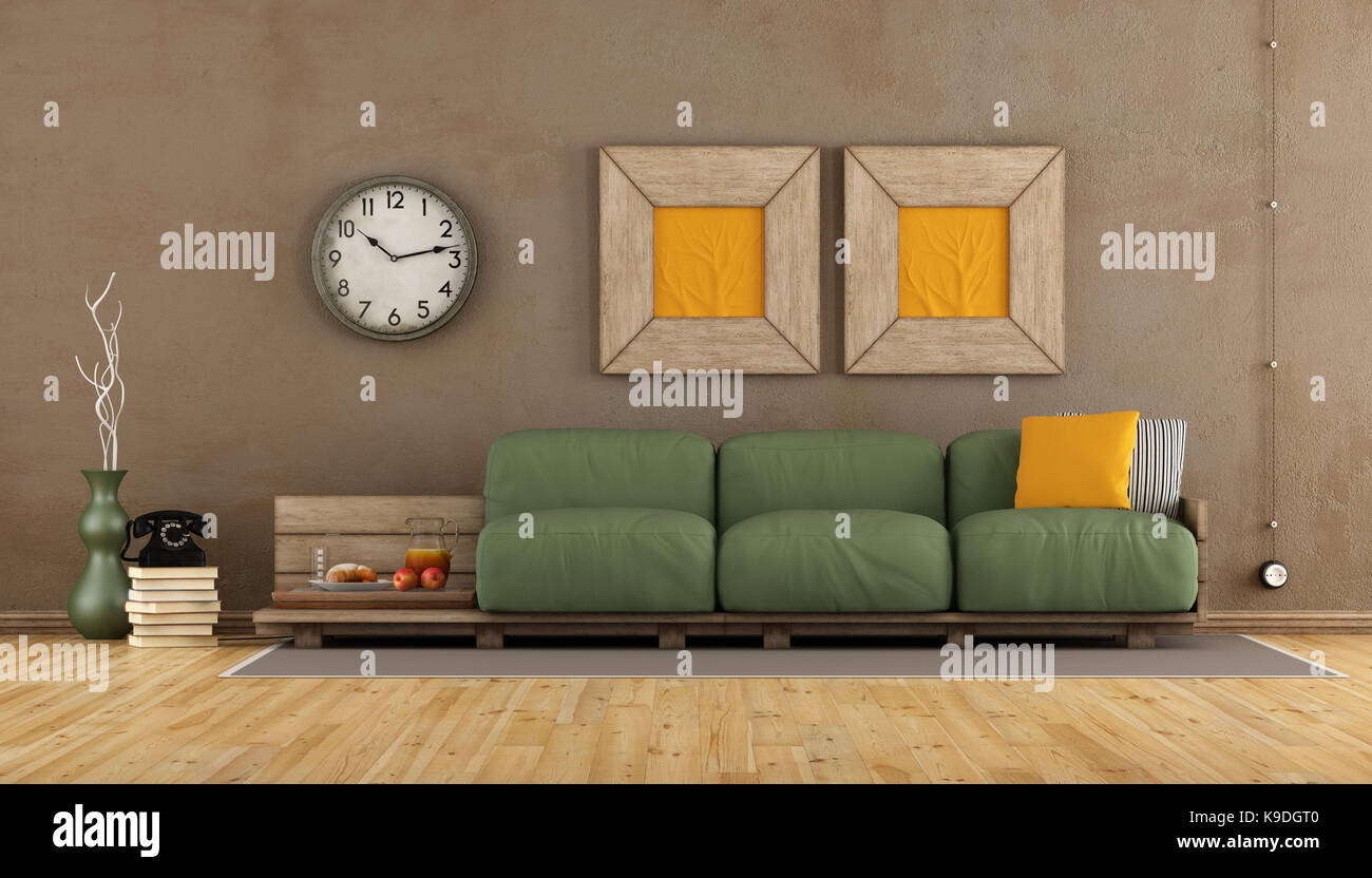 Vintage Living Room With Green Sofa And Brown Wall 3d Rendering Stock Photo Alamy