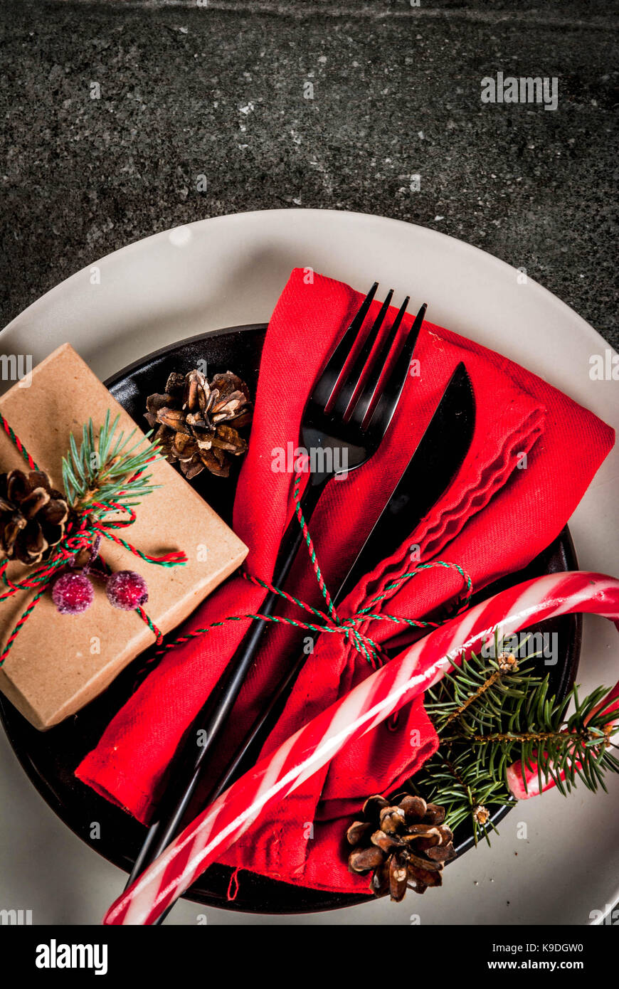 Christmas Table Setting With Candy Cane Christmas Tree Pine