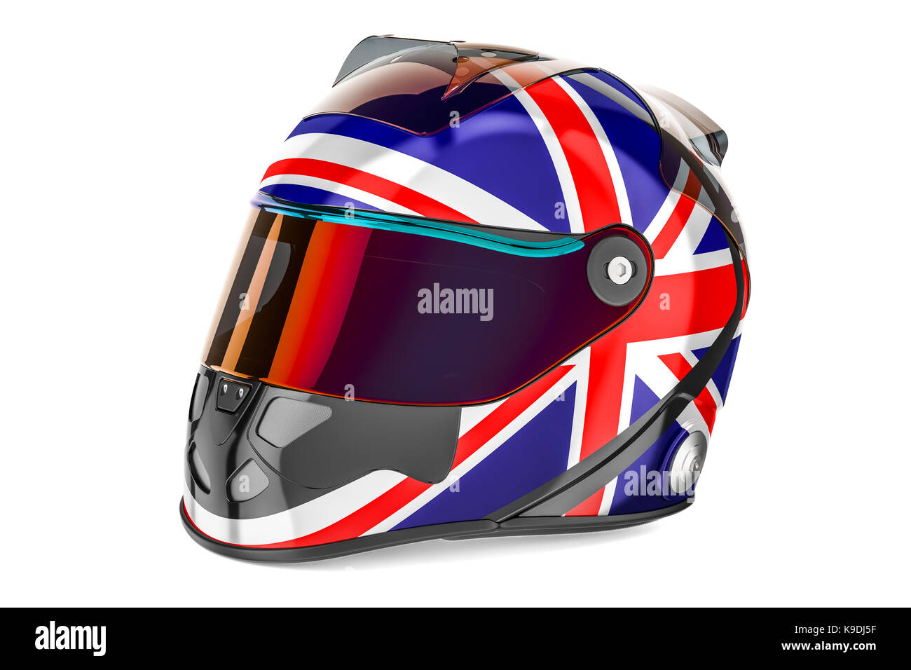 Racing helmet with flag of United Kingdom, 3D rendering isolated on white background Stock Photo