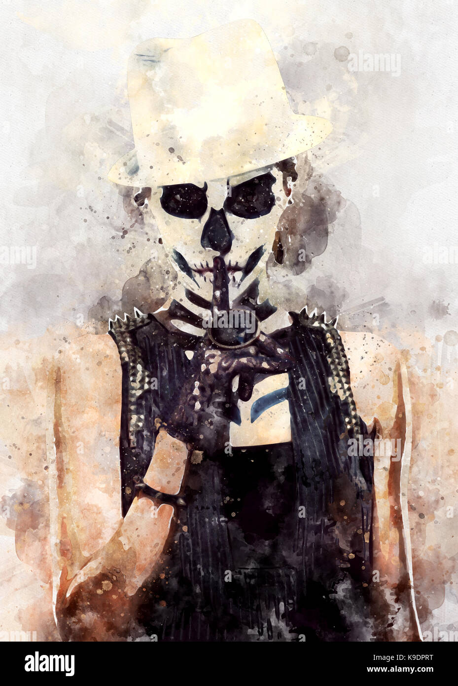 Digital watercolor painting of a woman with skeleton face art Stock Photo