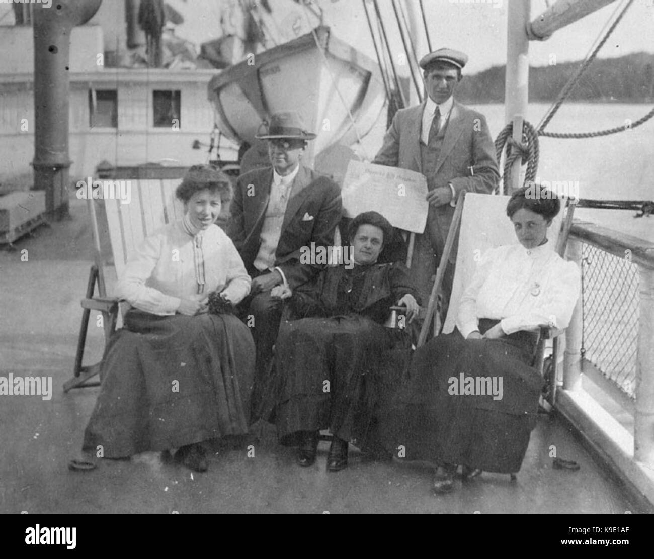 Mrs MA Henley, Agusta W Russell, Ruby Armstrong, Reynolds, and Jefferson on board a ship, Juneau, Alaska, June 26, 1909 (KIEHL 276) Stock Photo