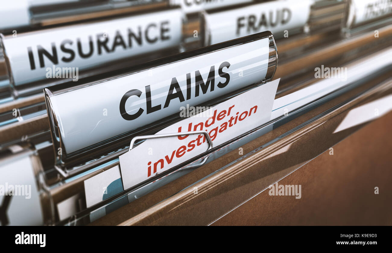 Folder with close up on the word claims and a note where it is written under investigation. Concept of insurance fraud, 3d Illustration Stock Photo