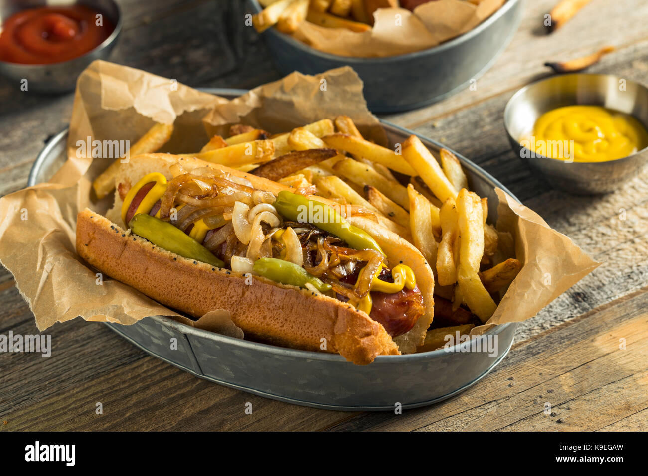 Homemade Chicago Style Polish Sausage with Onion Mustard and Peppers