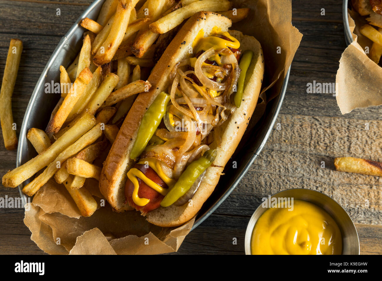 Homemade Chicago Style Polish Sausage with Onion Mustard and Peppers