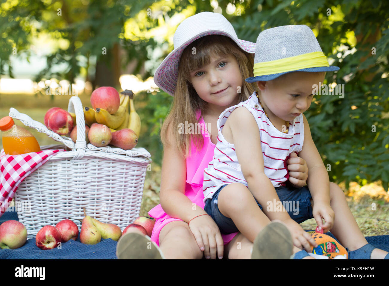 Little cute boy and girl sit on a blanket in the grass and play. The