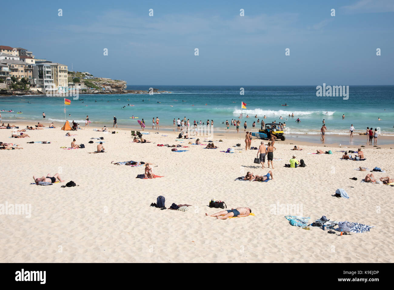 SYDNEY,NSW,AUSTRALIA-NOVEMBER 21,2016: People relaxing, swimming and surfing between the flags at Bondi Beach in Sydney, Australia Stock Photo