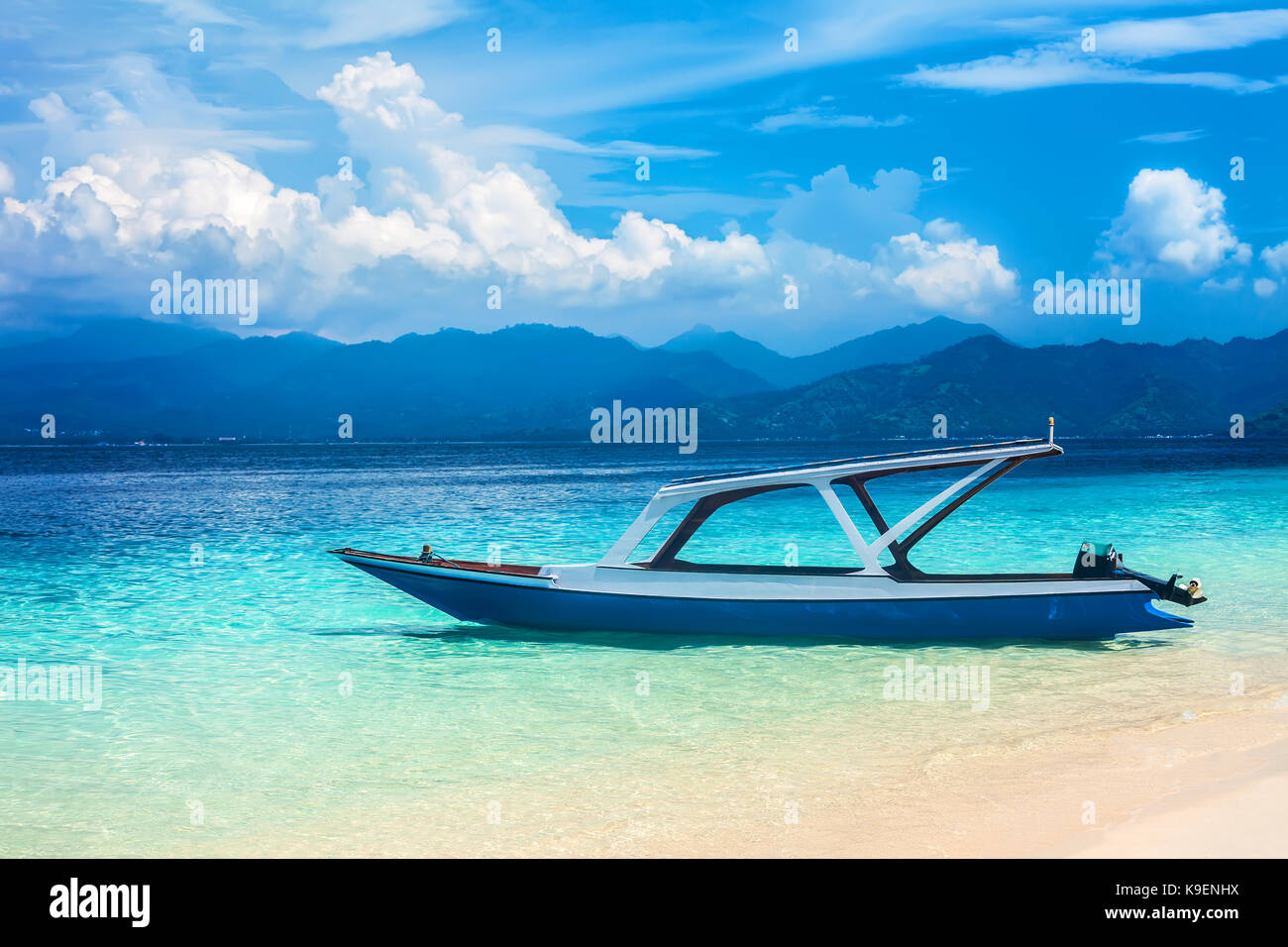 boat on a beautiful tropical beach. vacation background Stock Photo