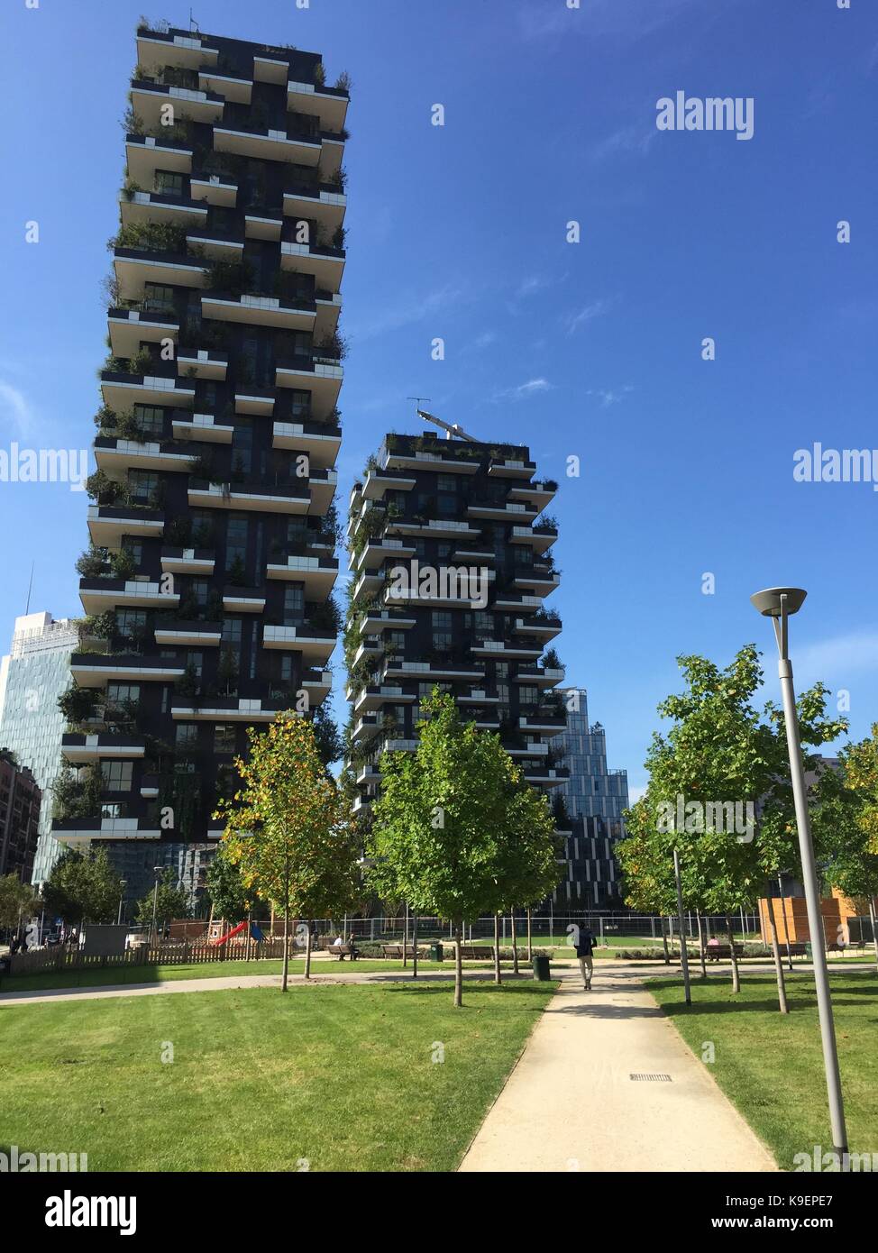 Vertical Forest, Milan, Porta Nuova, skyscraper residences, Italy, View of the balconies and terraces of the Vertical Forest, full of green plants Stock Photo