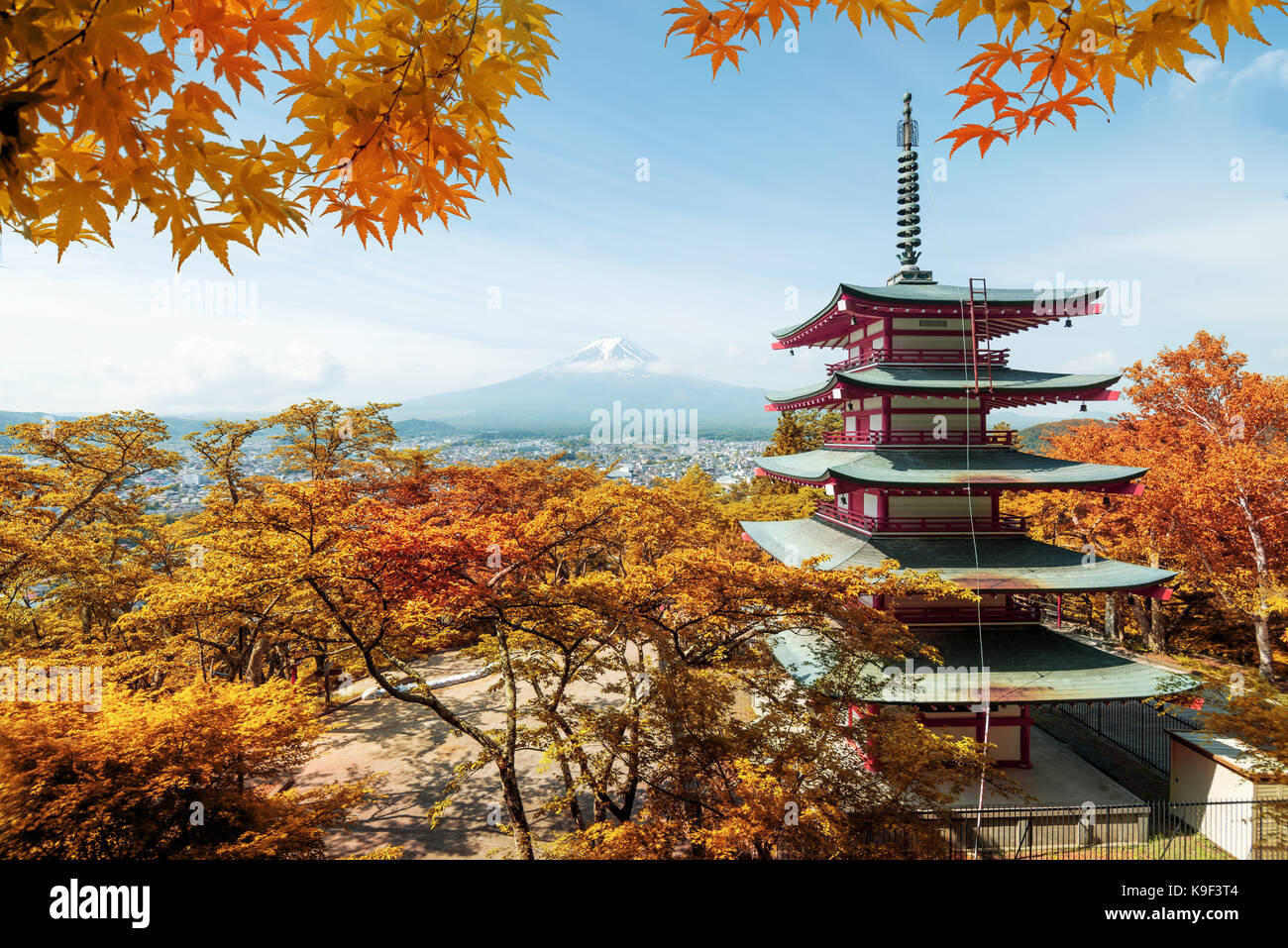 Mt. Fuji and red pagoda with autumn colors in  Japan,  Japan autumn season. Stock Photo