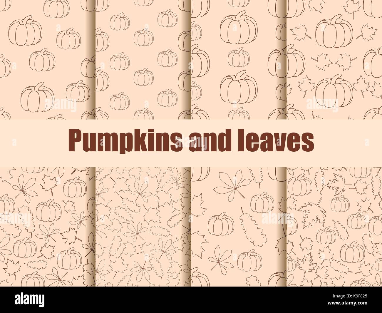 Autumn set of seamless pattern with pumpkins and leaves. Contours of ...