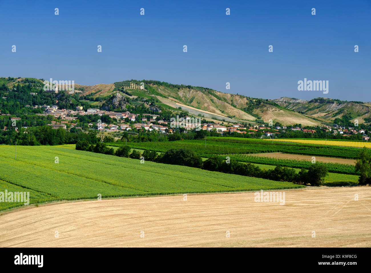 Rural landscape at summer along the road from Brisighella to Modigliana (Ravenna, Emilia Romagna, Italy). View of Brisighella Stock Photo