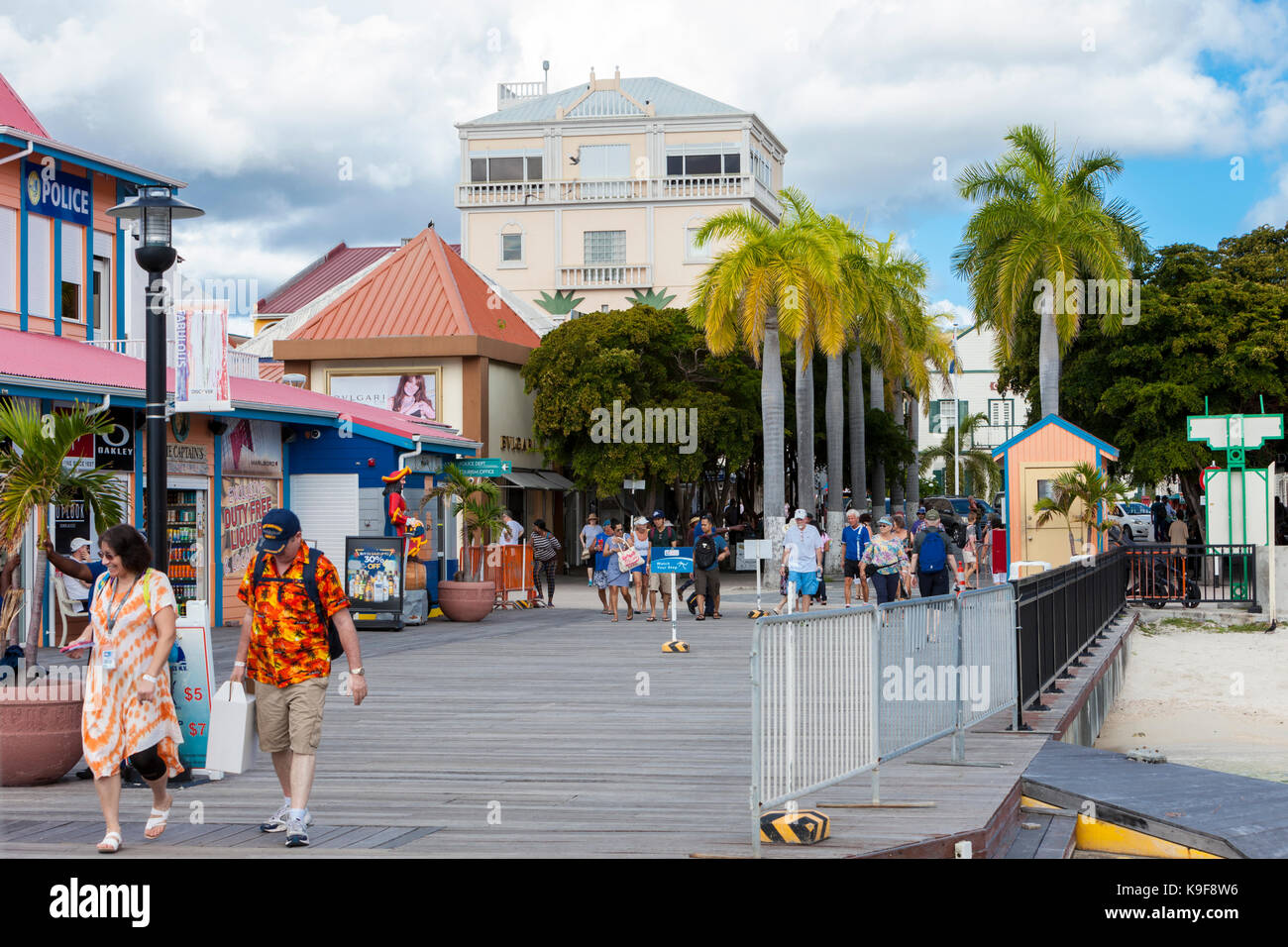 Philipsburg, Sint Maarten. Board Walk Leading to Cruise Water Taxis, Court House in far Background. Stock Photo