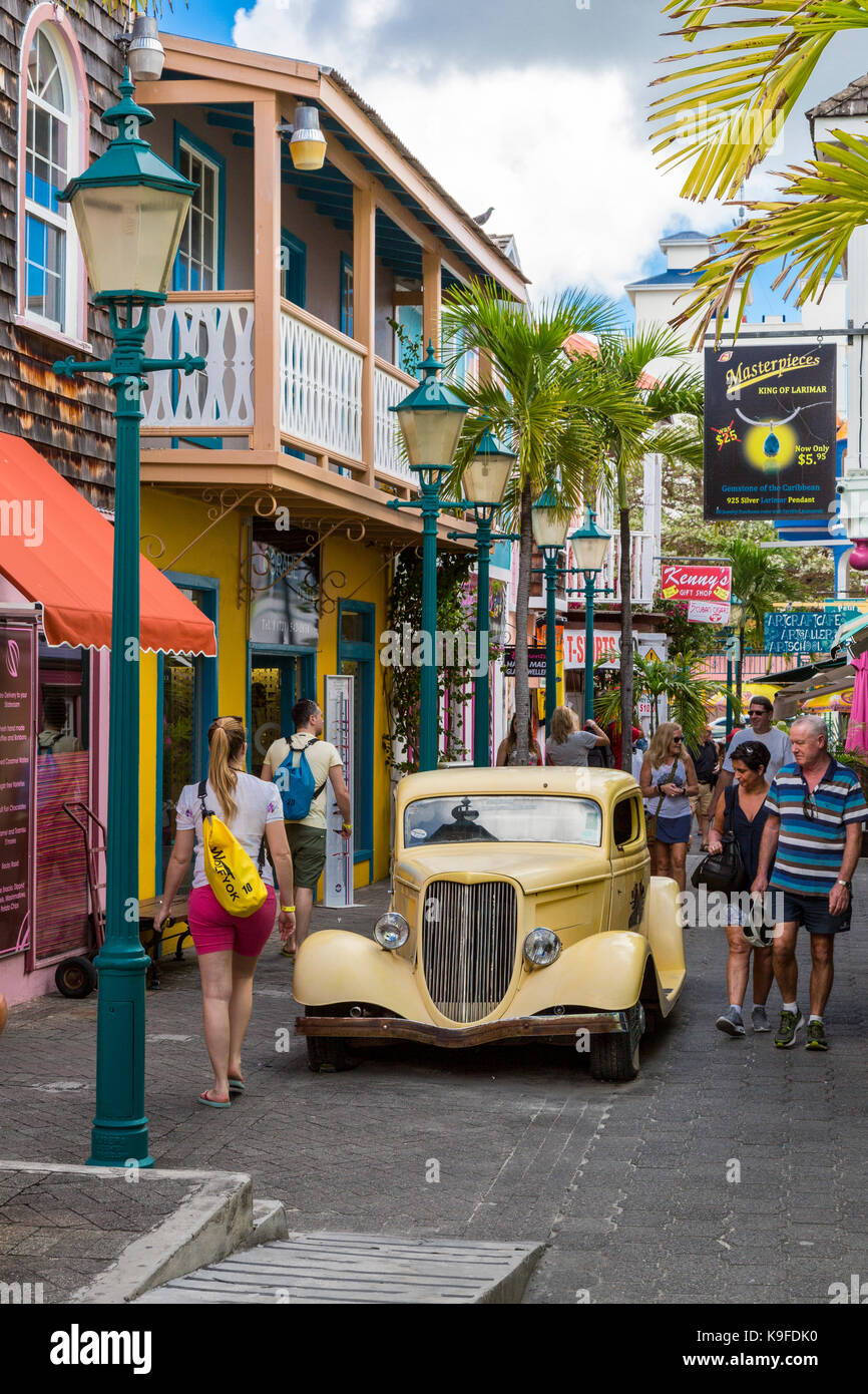 Philipsburg, Sint Maarten.  Old Street Street Scene with Antique Car. Stock Photo