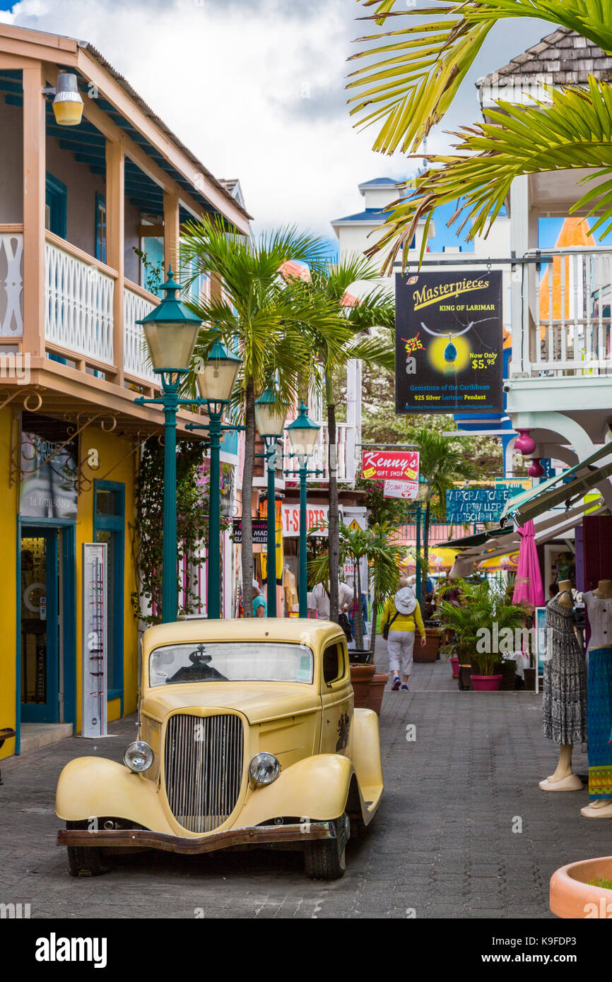 Philipsburg, Sint Maarten. Old Street Street Scene with Antique Car
