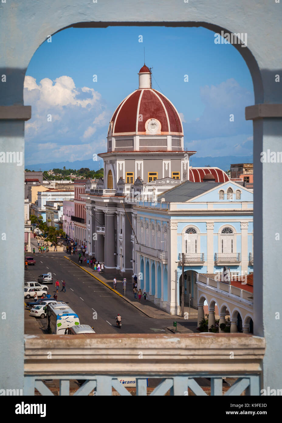 Framed view of Town Hall and Museo Provincial in Cienfuegos, Cuba Stock Photo