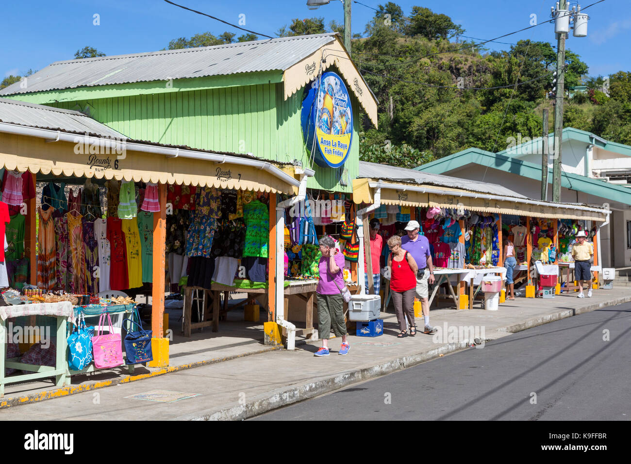 Anse La Raye, St. Lucia.  Tourists Visiting the Souvenir Market. Stock Photo