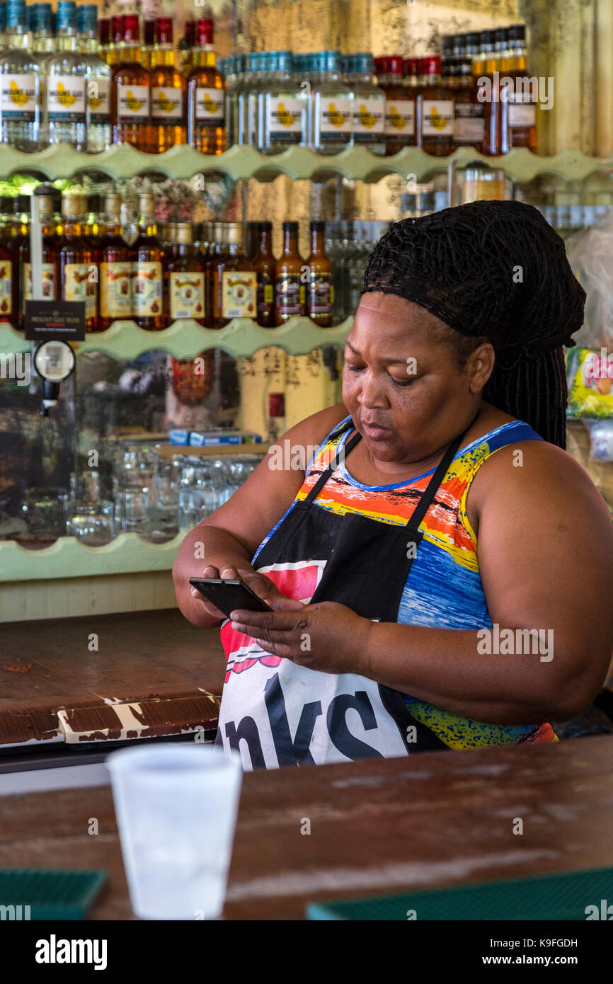 Barbados.  Bathsheba Beachside Bar Serving Rum Punch Drinks and Refreshments.  Owner Checking her Cell Phone.  FOR EDITORIAL USE ONLY. Stock Photo