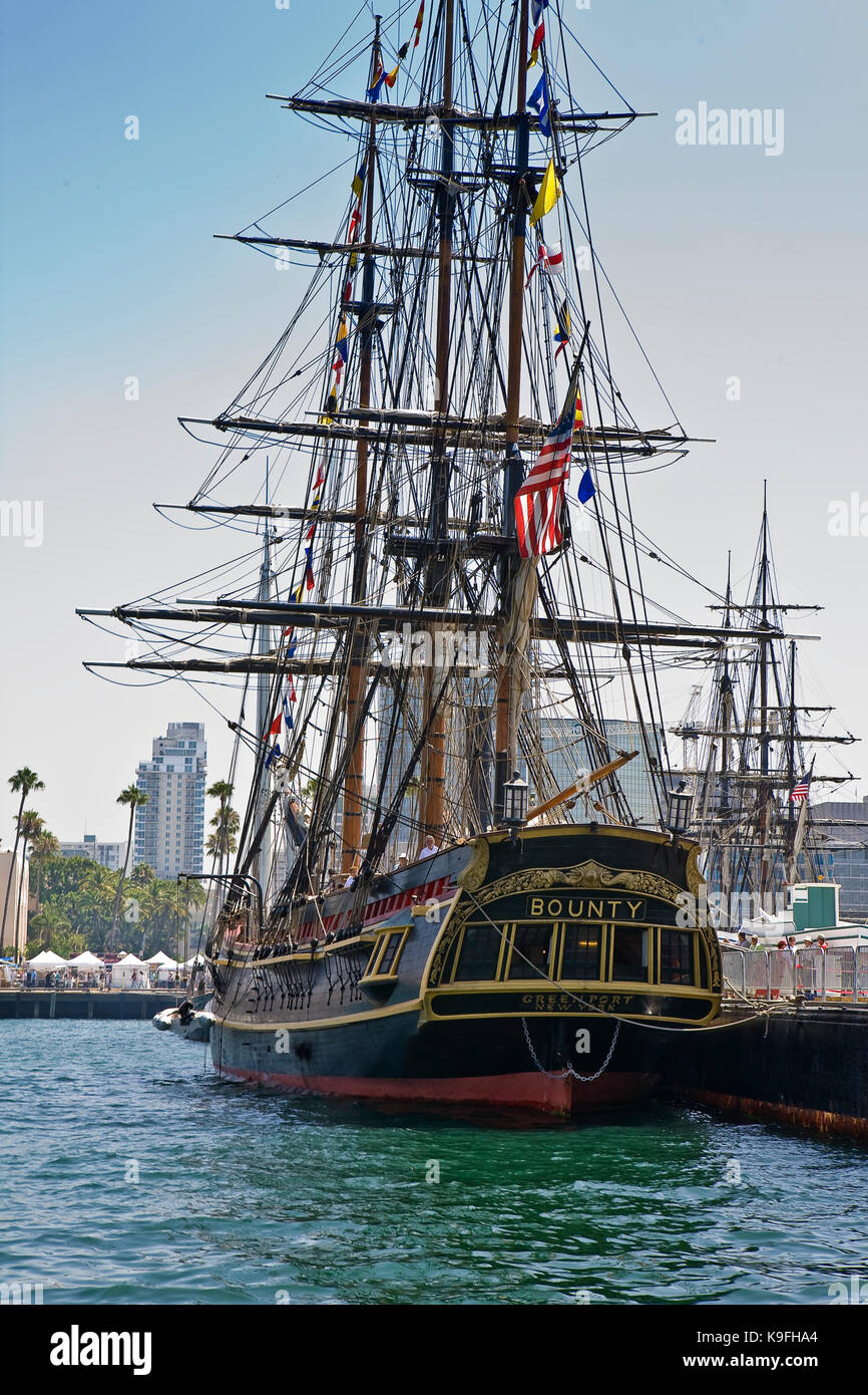 Tall Ship HMS Bounty at the Festival of Sail in San Diego, CA US.  The Bounty was built in 1960 for MGM studios' Mutiny on the Bounty with Marlon Bran Stock Photo