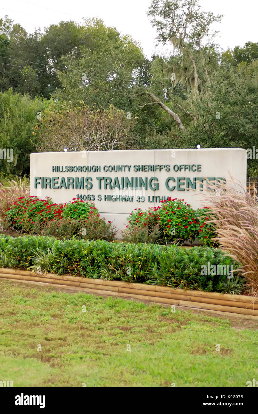 Sign indicating the firearms training center for the Hillsborough County Sheriff's Office.  The center is located in Lithia Florida, USA. Stock Photo