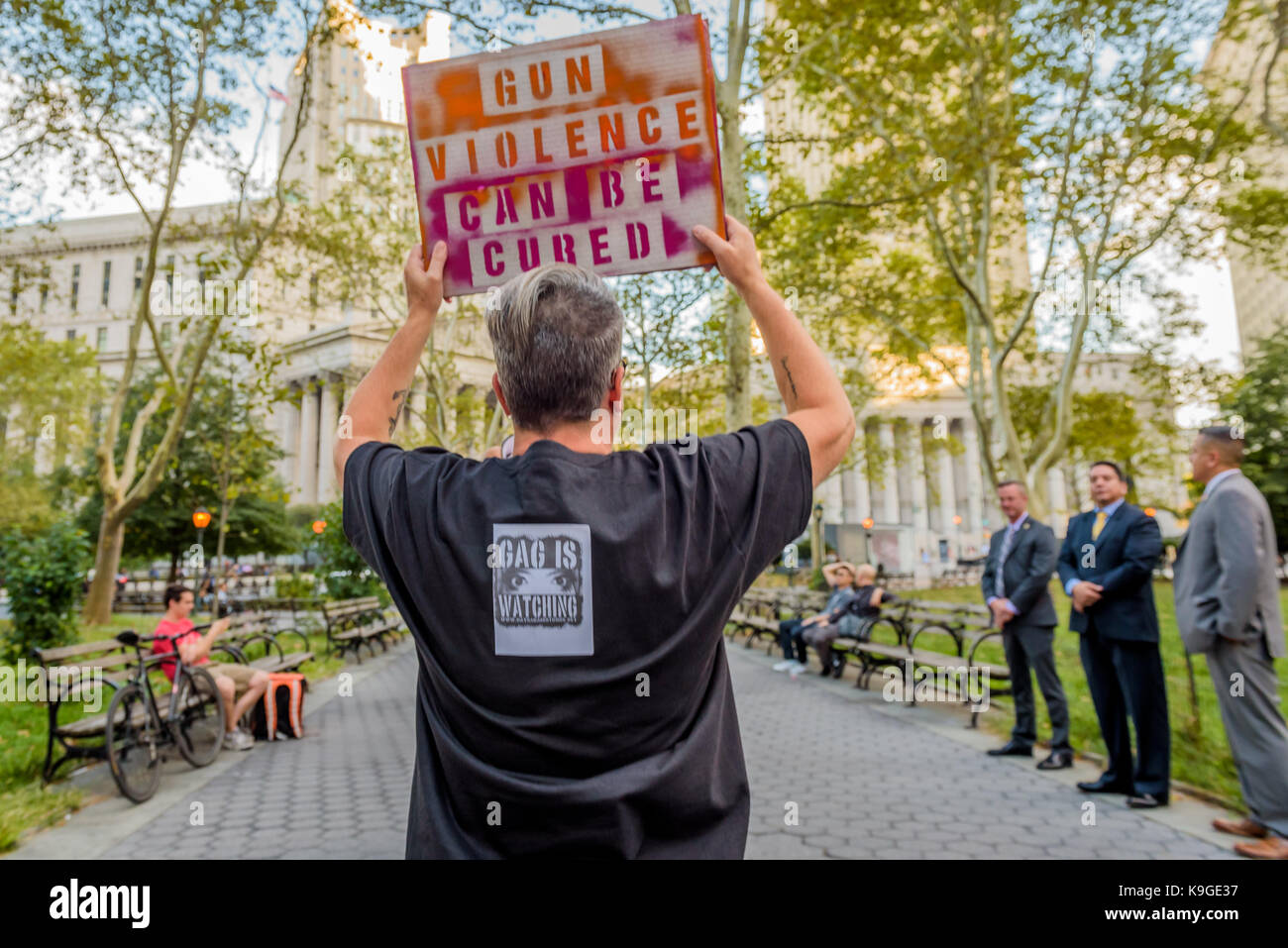 New York, United States. 22nd Sep, 2017. Gays against guns confronted Tom Price outside the New York City office of the Centers for Disease Control and Prevention at Thomas Paine Park. GAG demands that Price, the U.S. Secretary of Health and Human Services, start supporting stronger background checks, and stop blocking funding for research into gun violence. Credit: Erik McGregor/Pacific Press/Alamy Live News Stock Photo