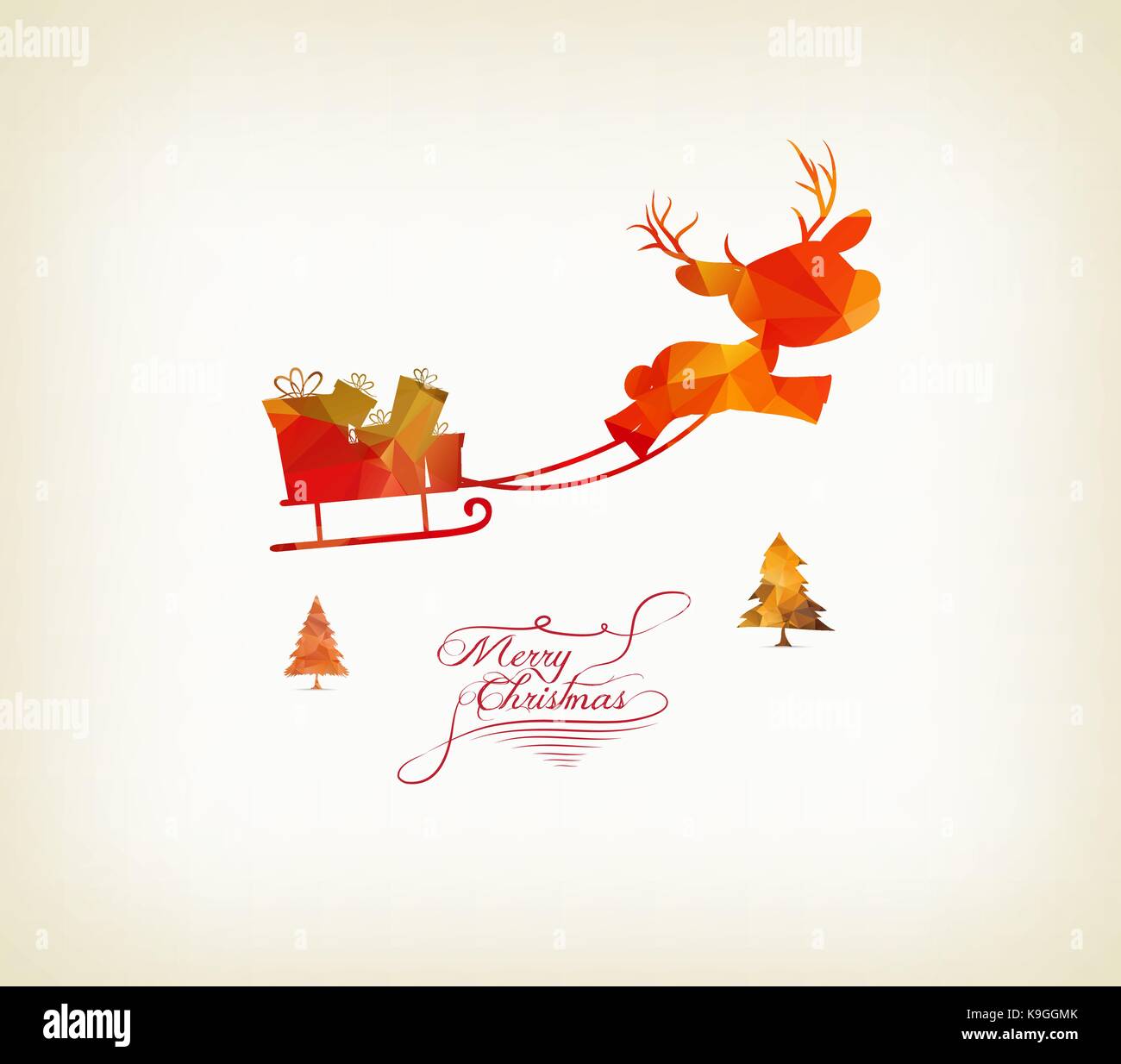 reindeer sleigh flying over forest in abstract colorful geometric ...