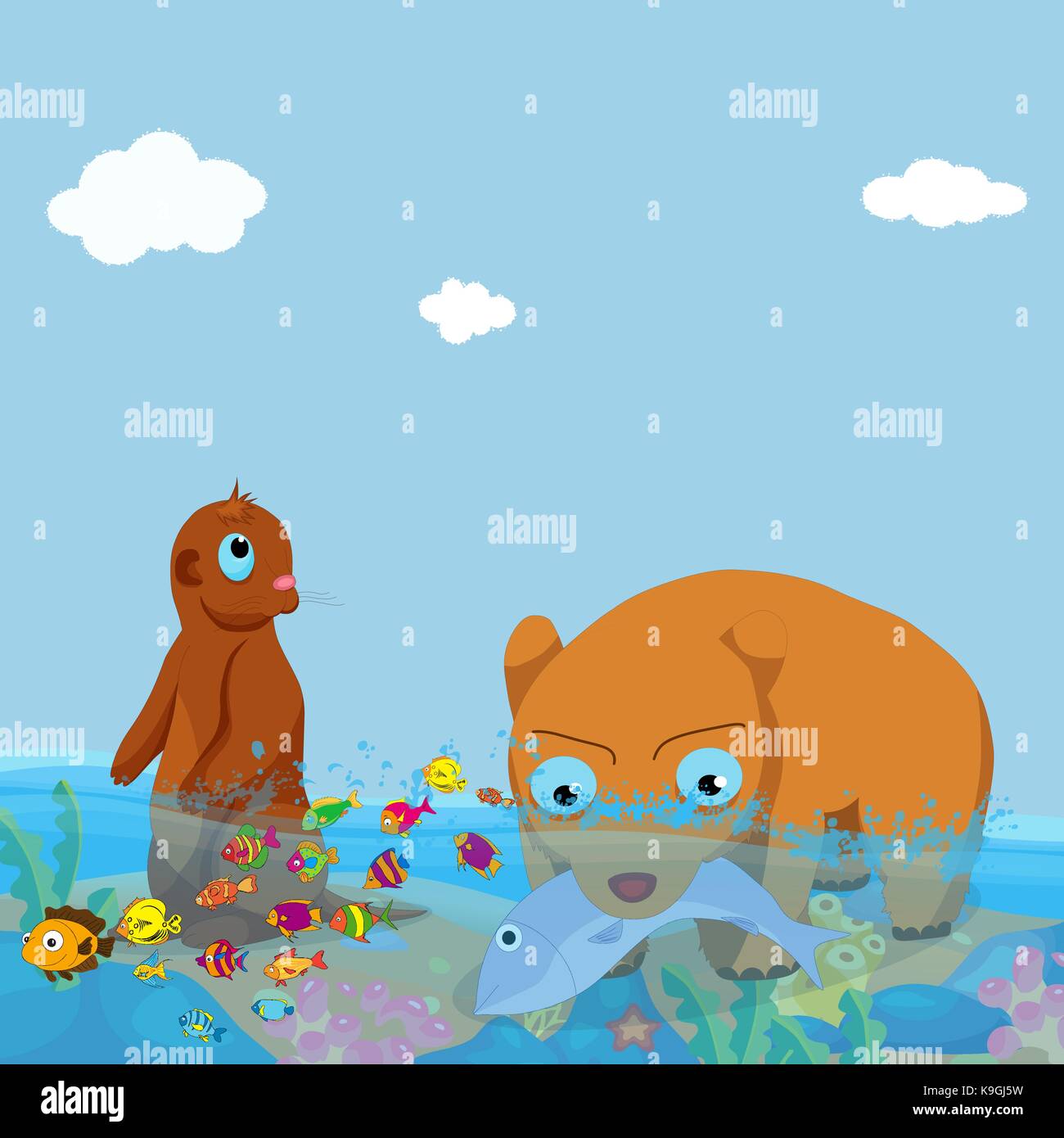 bears and otter fishing in the sea Stock Vector