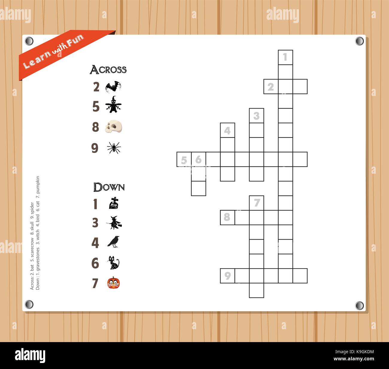 Crossword, education game for children about halloween Stock Vector