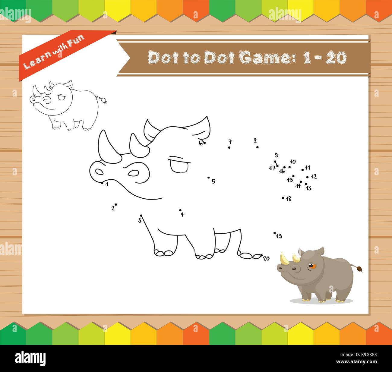 Cartoon Rhino. Dot to dot educational game for kids Stock Vector